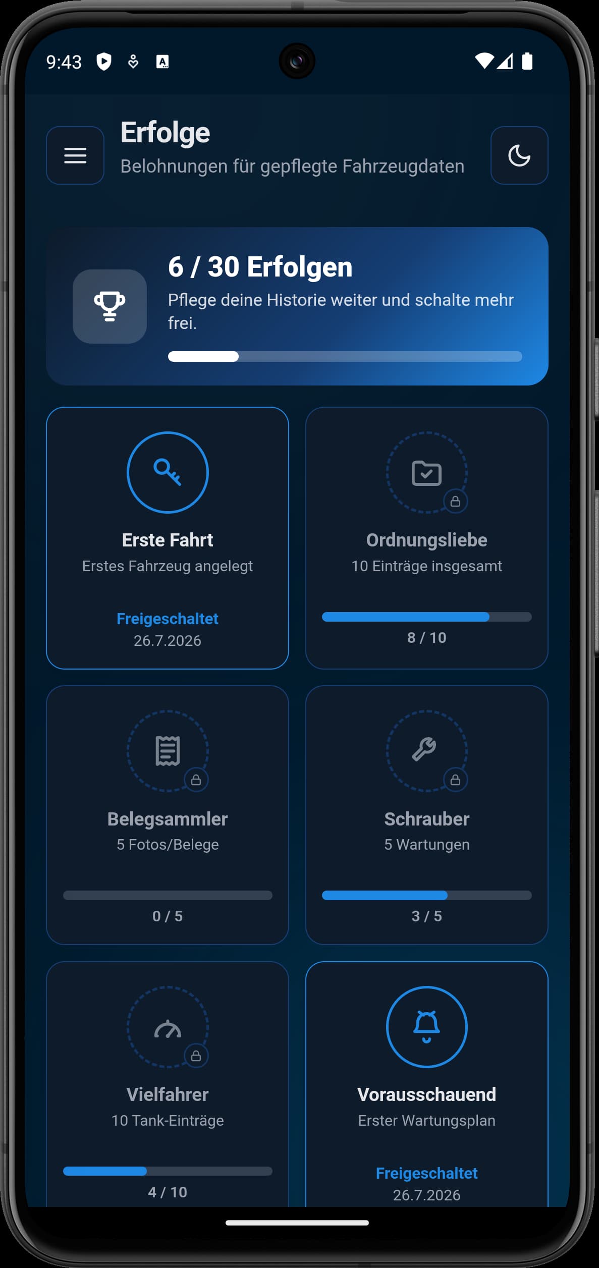 Erfolge-Übersicht mit freischaltbaren Abzeichen und Fortschrittsbalken