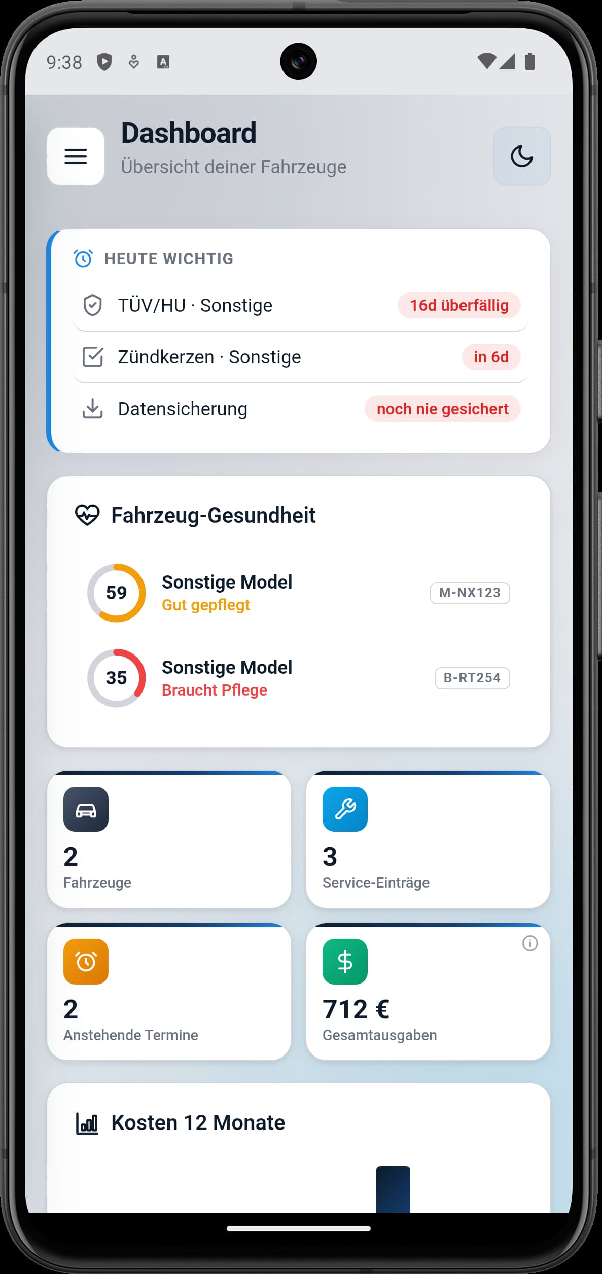 Dashboard im hellen Design mit Terminen, Fahrzeug-Gesundheit und Kosten
