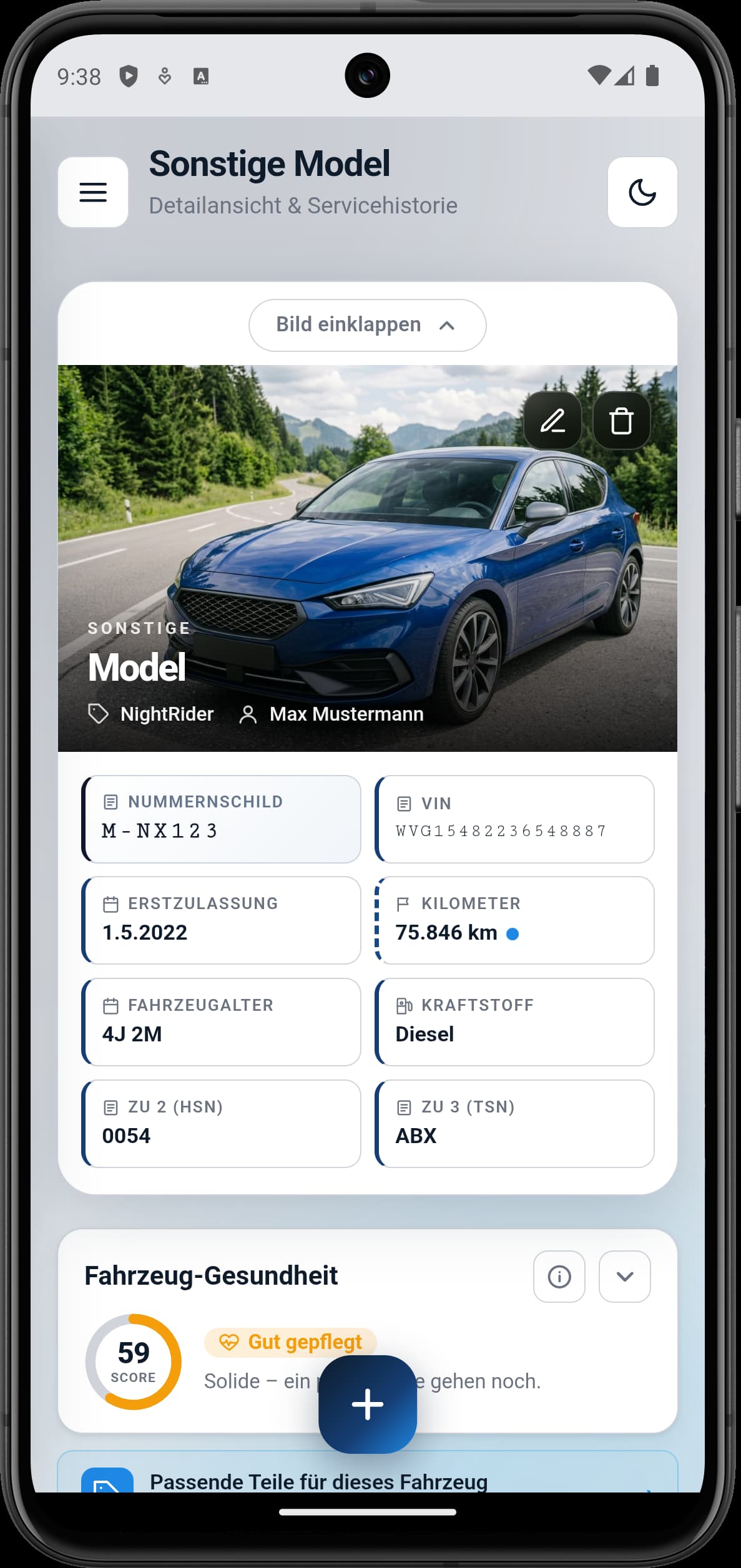 Fahrzeug-Detailansicht mit Fahrzeugfoto, Kennzeichen, VIN und HSN/TSN