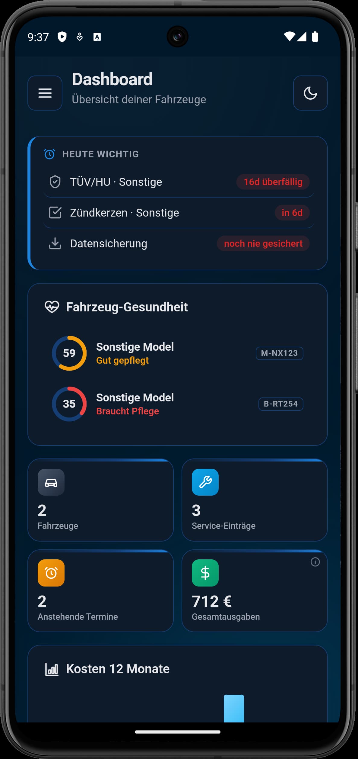 Dashboard mit Fahrzeug-Übersicht, anstehenden Terminen und Kostenverlauf
