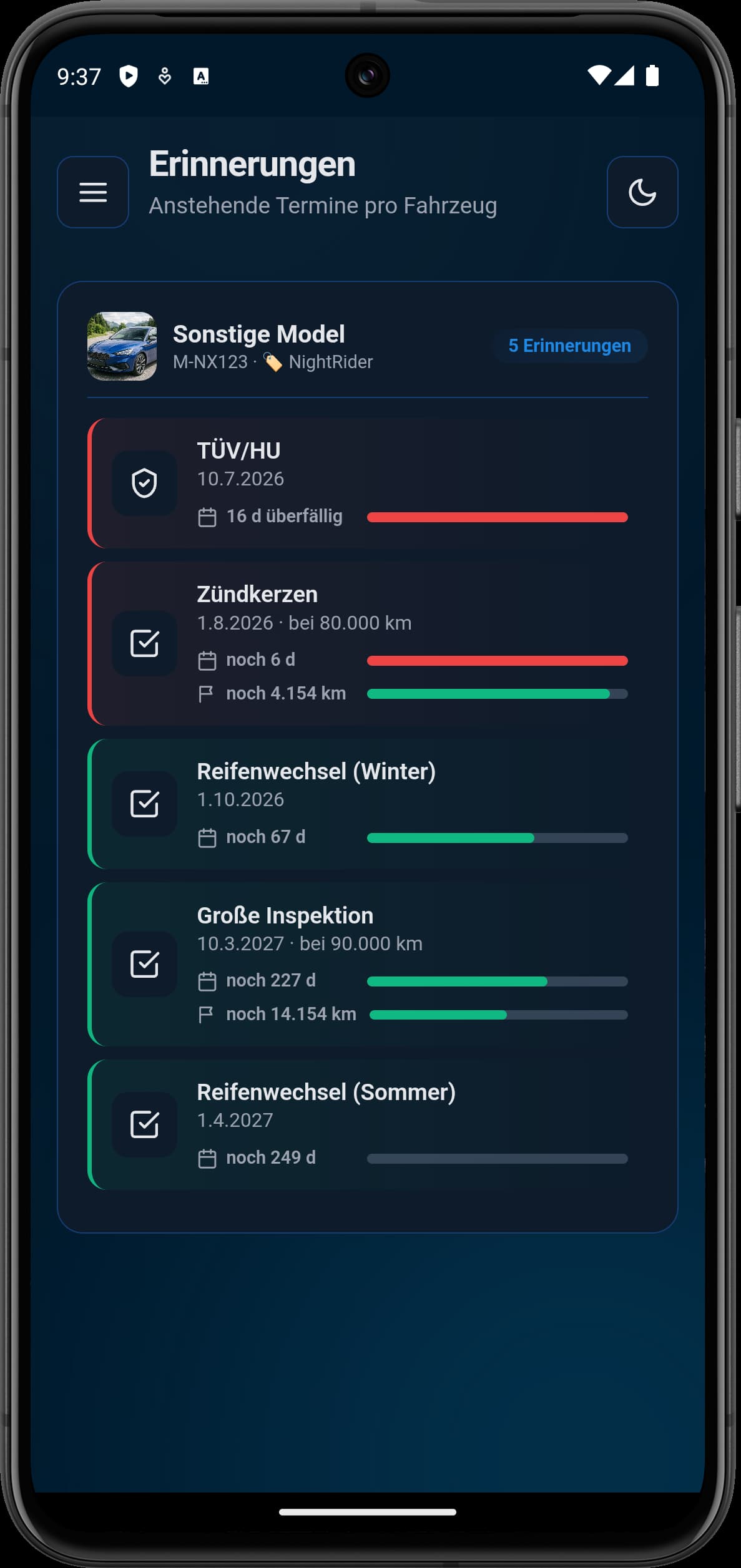 Erinnerungen an TÜV/HU und Wartungstermine mit Fälligkeit