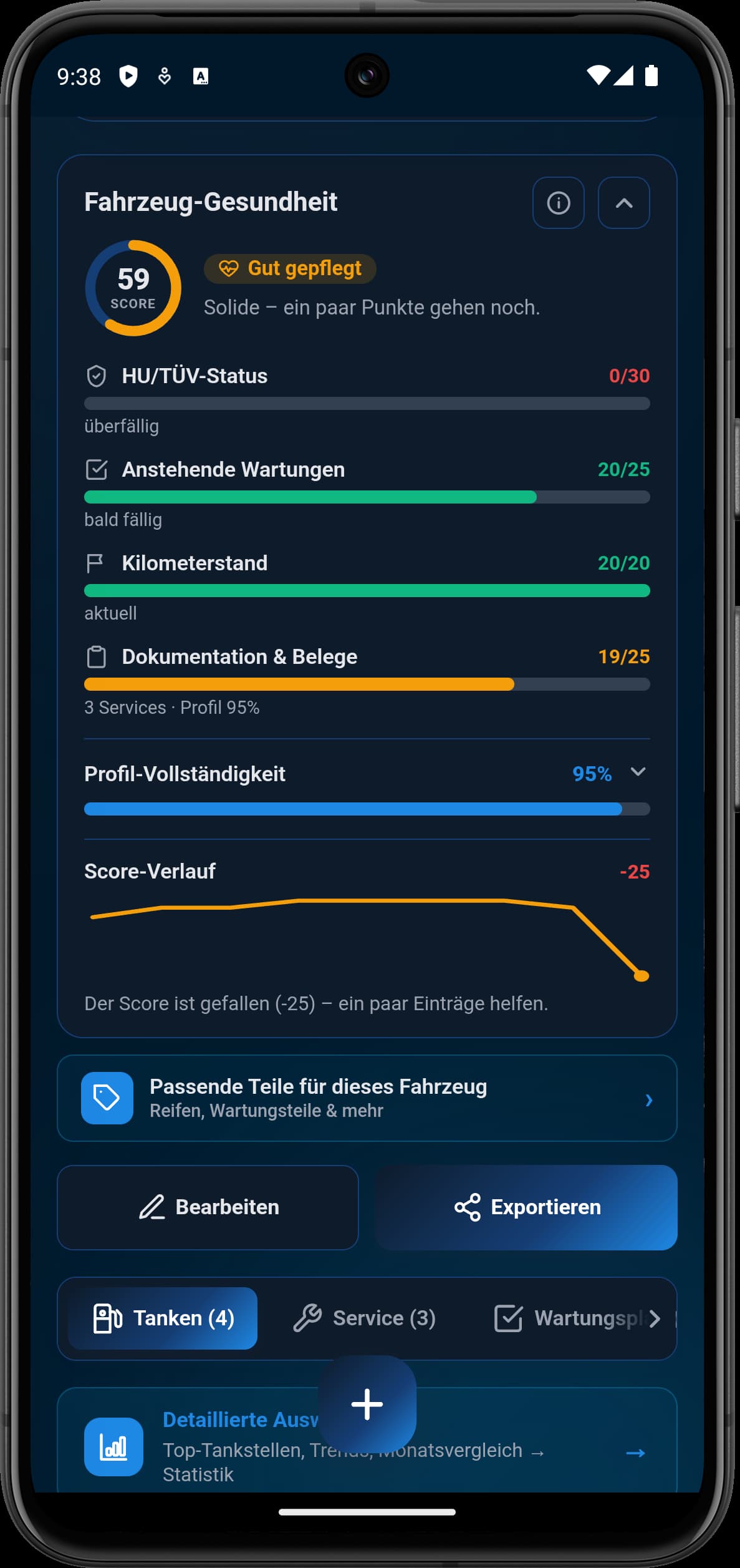 Fahrzeug-Gesundheits-Score mit HU/TÜV-Status, Wartungen und Score-Verlauf
