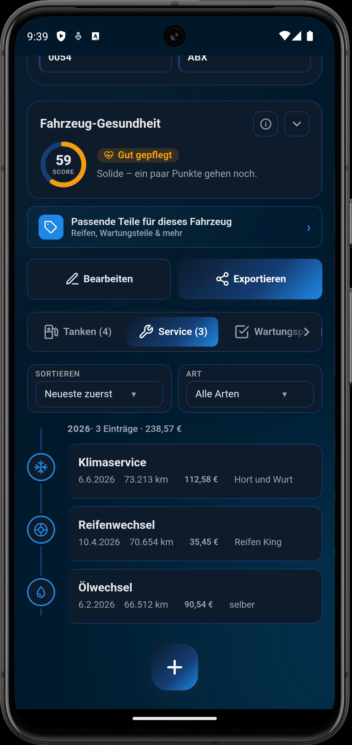 Service-Historie als Zeitstrahl mit Klimaservice, Reifenwechsel und Ölwechsel