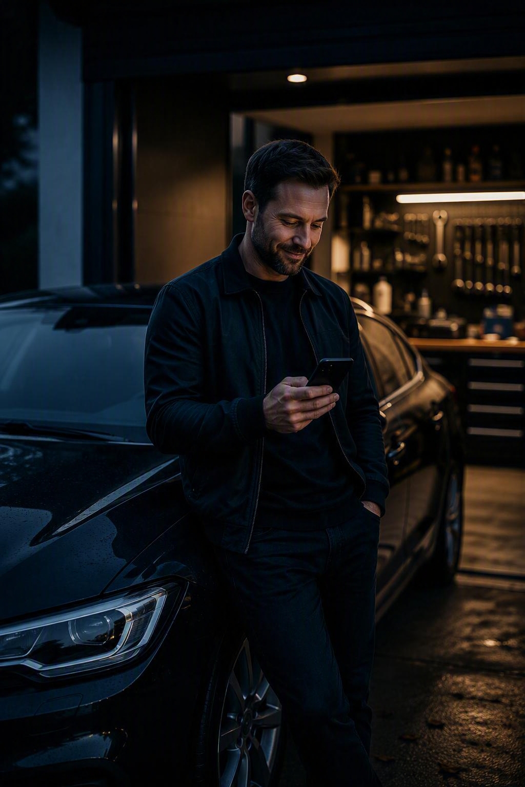 KFZ-Mechatroniker arbeitet zufrieden am eigenen Fahrzeug in seiner Garage